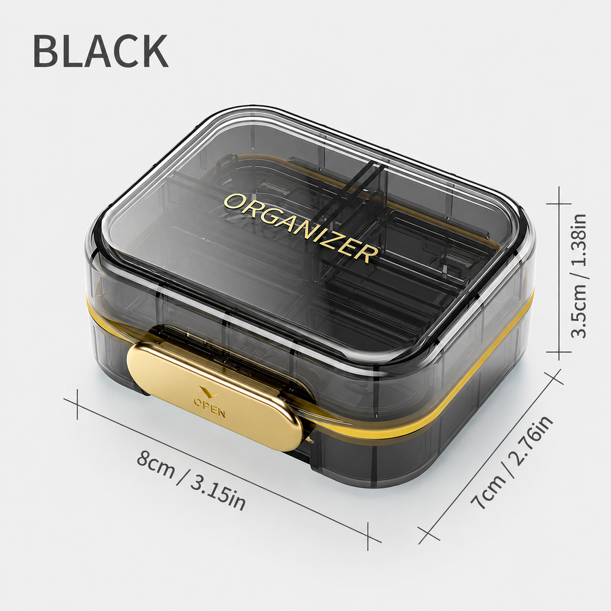 UNTIOR Midnight Black 7-compartment portable pill organizer showing 8 x 7 x 3.5 cm dimensions, transparent case and gold closure.