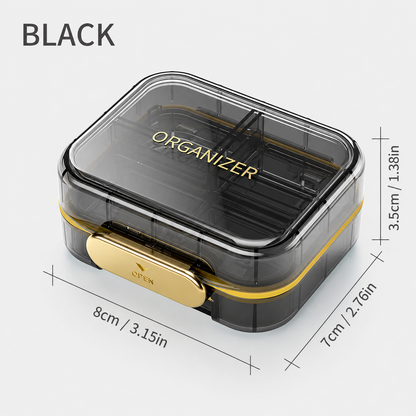 UNTIOR Midnight Black 7-compartment portable pill organizer showing 8 x 7 x 3.5 cm dimensions, transparent case and gold closure.