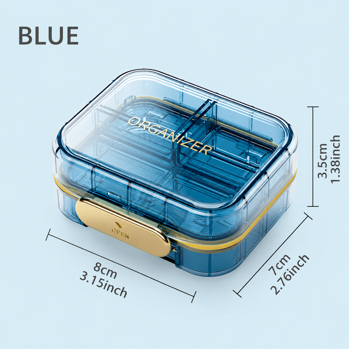 UNTIOR Ocean Blue 7-compartment portable pill organizer showing 8 x 7 x 3.5 cm dimensions, transparent case and gold closure.