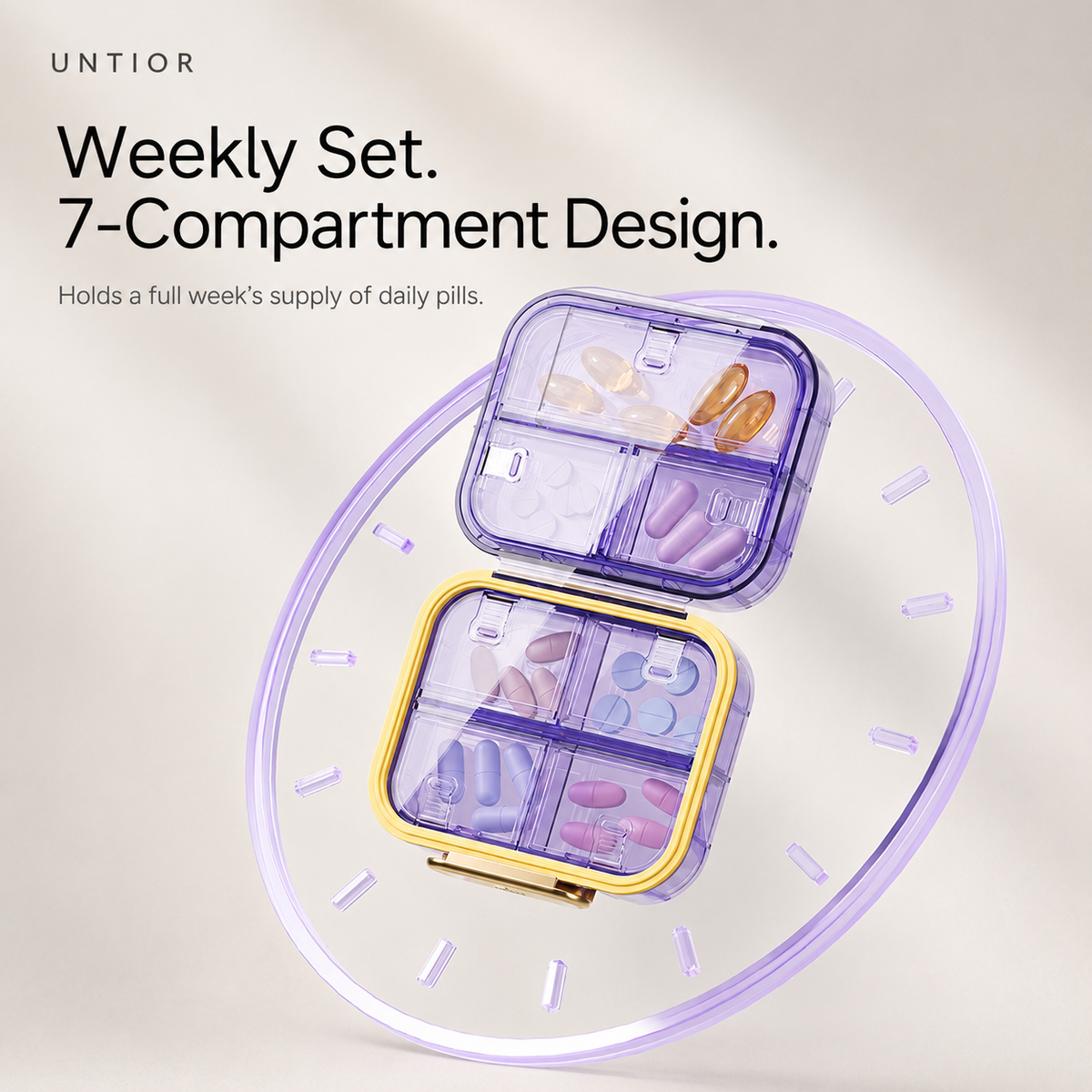 UNTIOR 7-compartment weekly pill organizer with separate sections for organizing and carrying a full week of daily pills.