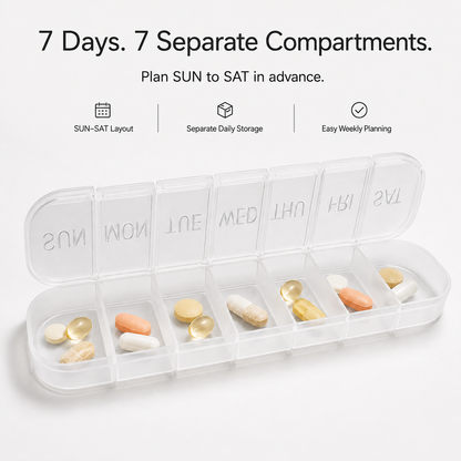 UNTIOR 7-day pill organizer with separate SUN to SAT compartments, designed for weekly tablet, vitamin, and supplement storage in a slim BPA-free travel-friendly pill case.