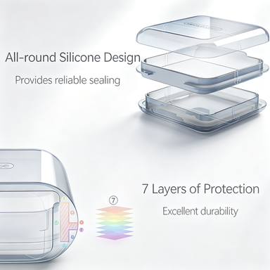 Structural diagram showing UNTIOR pill box 7 layers of all-round silicone sealing protection, durable dust and moisture resistant construction