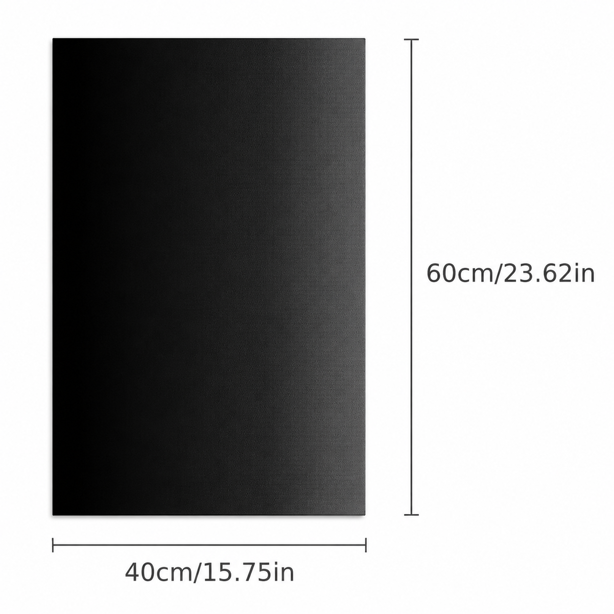 UNTIOR black non-stick BBQ grill mat size guide showing 40 × 60 cm dimensions and 15.75 × 23.62 inch measurements