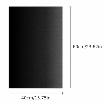 UNTIOR black non-stick BBQ grill mat size guide showing 40 × 60 cm dimensions and 15.75 × 23.62 inch measurements