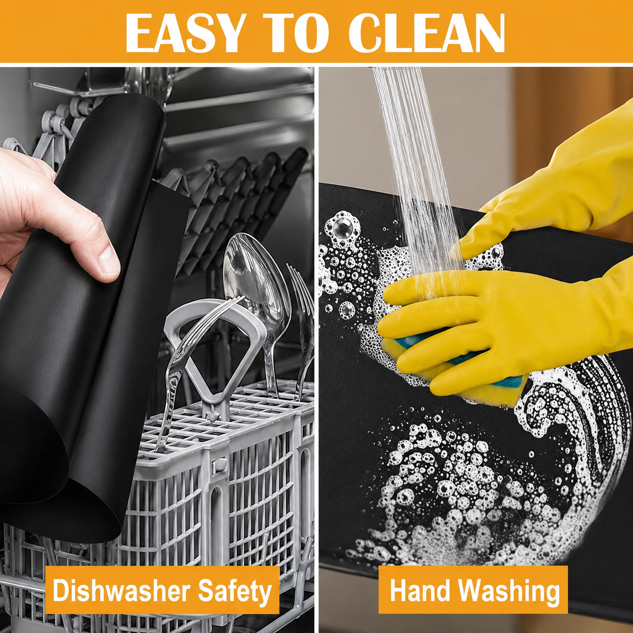 Black BBQ grill mat shown being cleaned by hand under running water and placed in a dishwasher rack