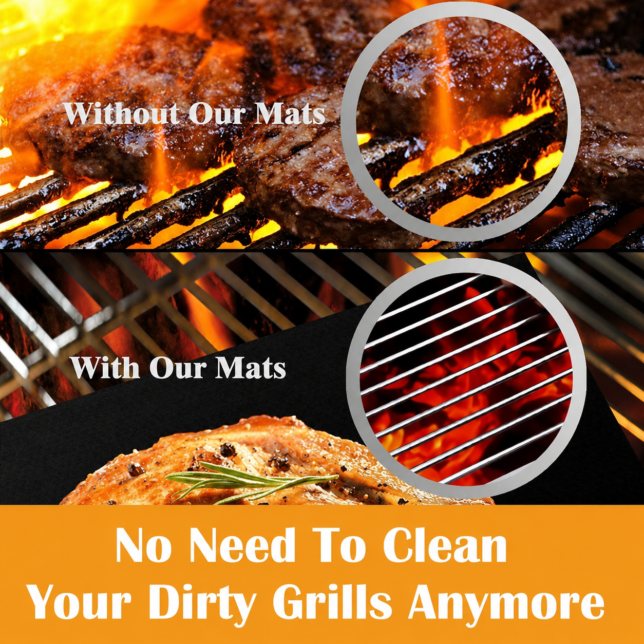 Comparison of food cooking directly on a greasy grill grate and on a black UNTIOR BBQ grill mat with less direct mess