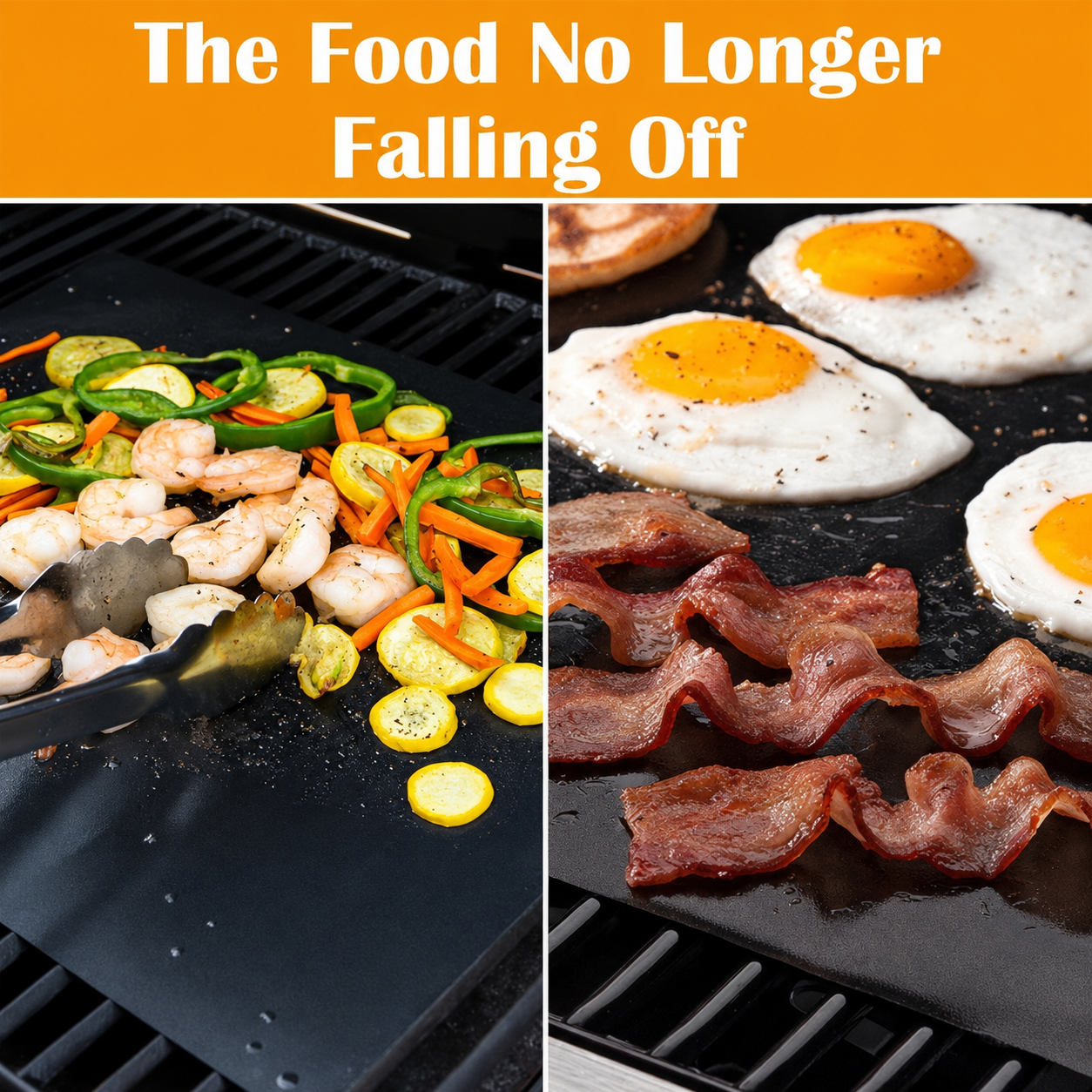 Shrimp, sliced vegetables, eggs and bacon cooking on black BBQ grill mats without falling between the grill grates