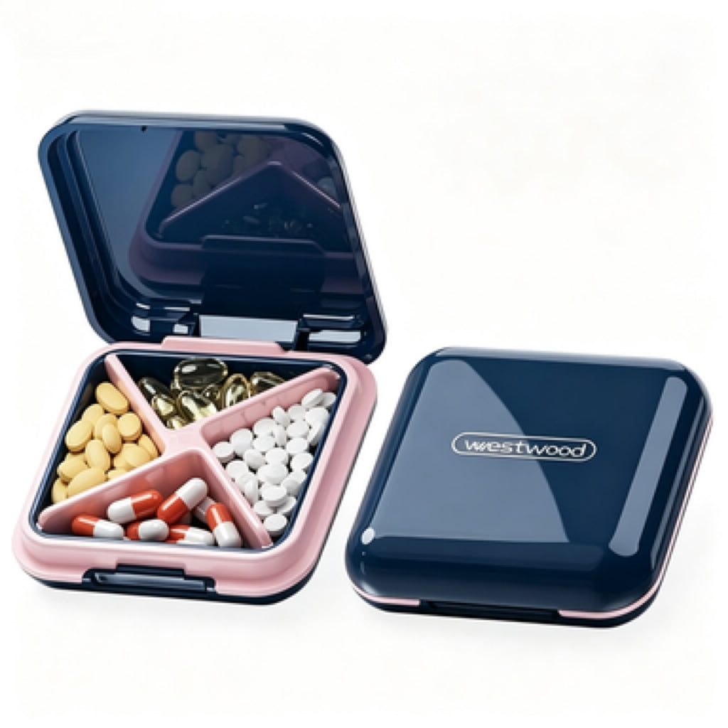 Two-tone navy pink UNTIOR travel pill organizer opened, multi-compartment design for sorting different medication types