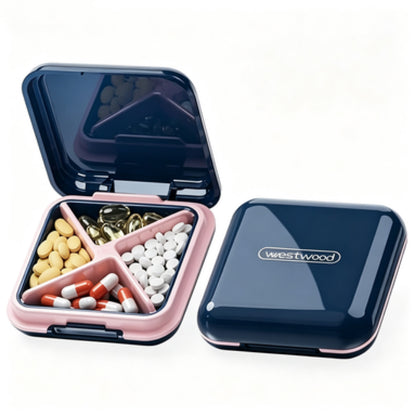 Two-tone navy pink UNTIOR travel pill organizer opened, multi-compartment design for sorting different medication types