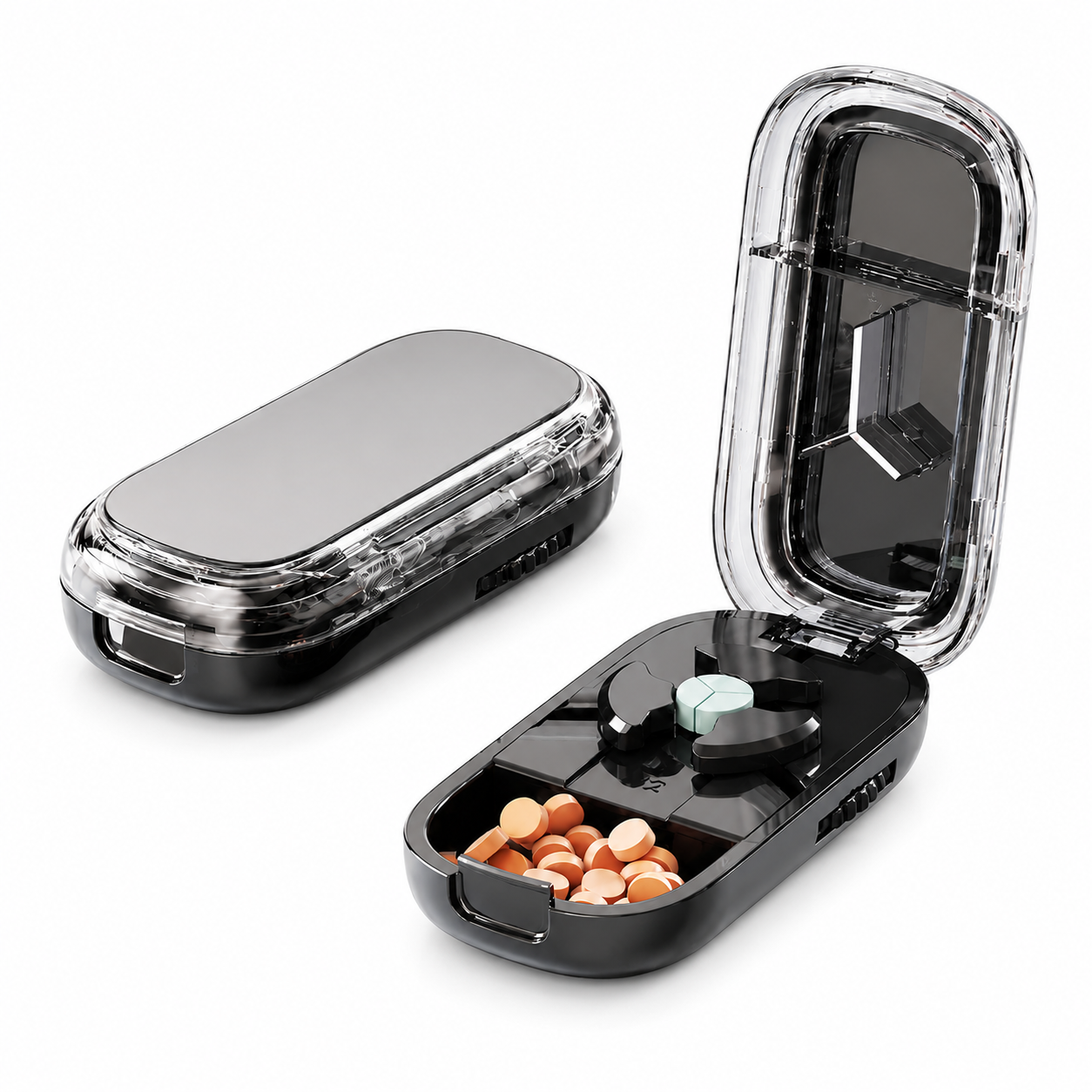 UNTIOR black thirds pill cutter with storage, BPA-free tablet splitter designed to help divide suitable tablets into three sections, with clear lid and built-in pill storage.