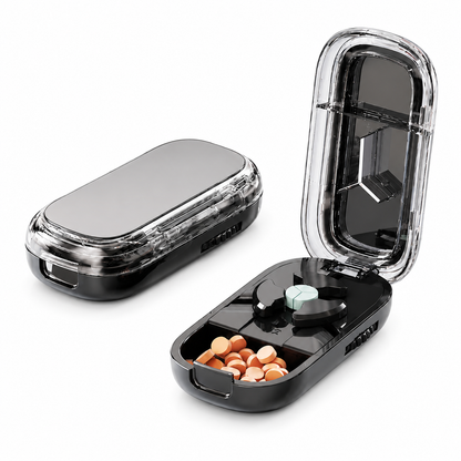 UNTIOR black thirds pill cutter with storage, BPA-free tablet splitter designed to help divide suitable tablets into three sections, with clear lid and built-in pill storage.