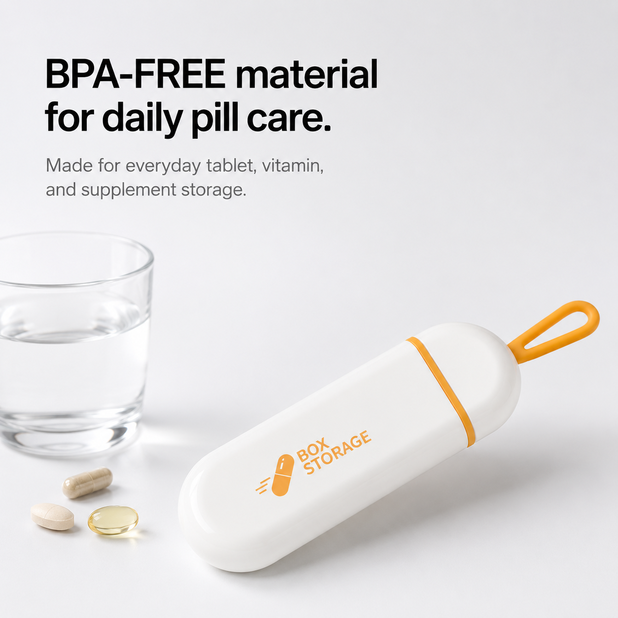 UNTIOR BPA-free ABS pull-out pill case for everyday tablet, vitamin, and supplement storage, shown with water and daily pills.