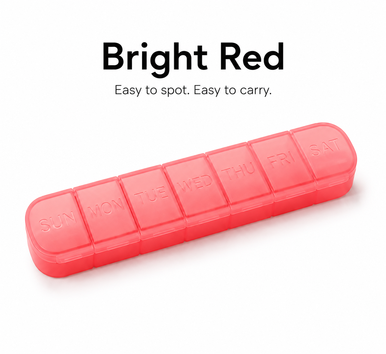 UNTIOR bright red slim 7-day weekly pill organizer with 7 separate daily compartments, BPA-free material, and compact travel pill box design for tablets, vitamins, and supplements.