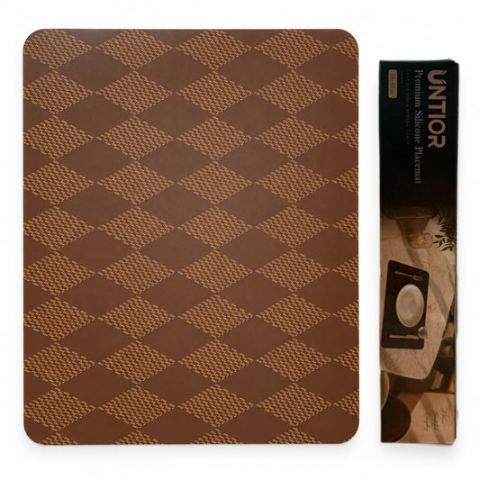 UNTIOR brown argyle silicone placemat with retail packaging shown on a clean white background.