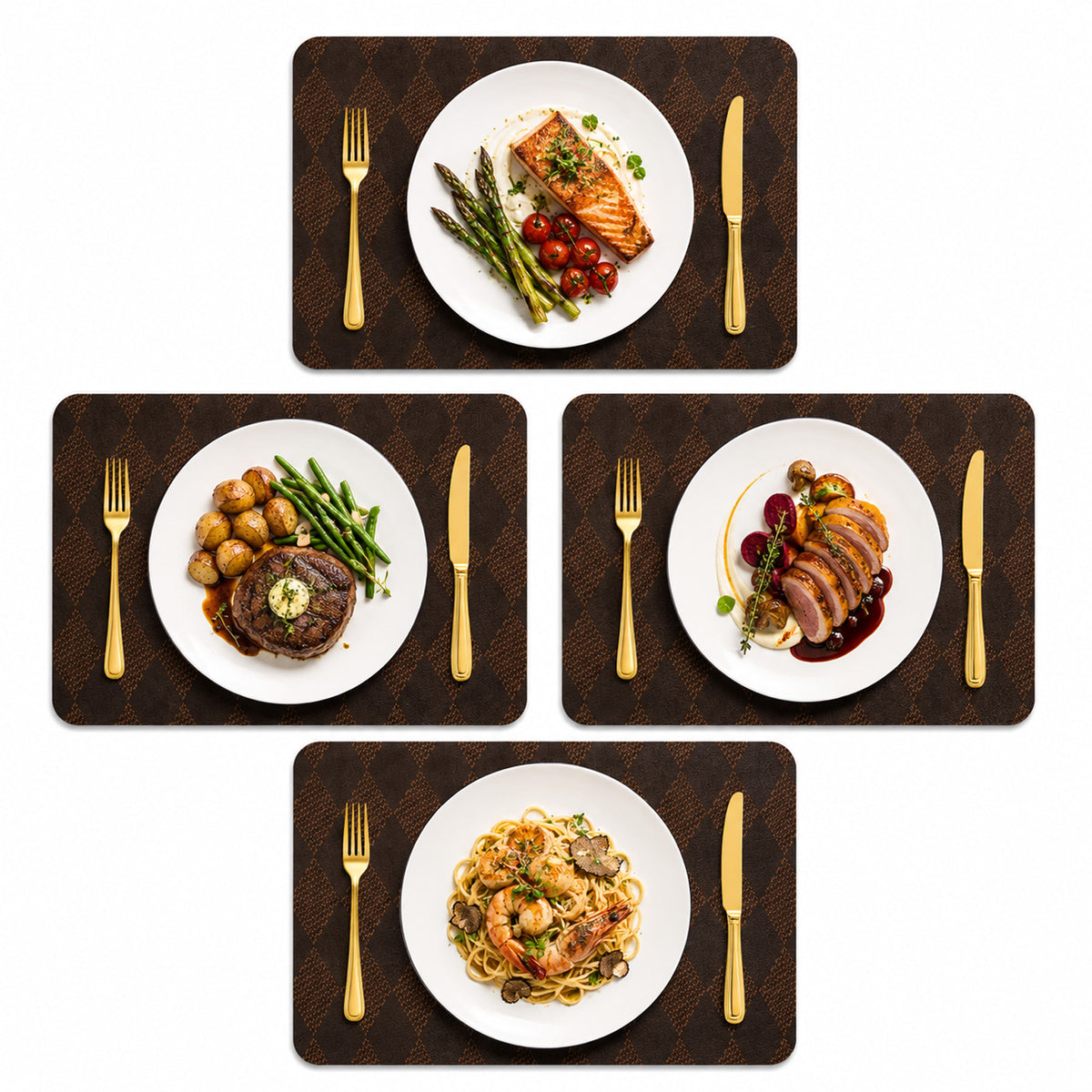 Set of four brown argyle silicone placemats with plated meals and gold cutlery on a clean white background.