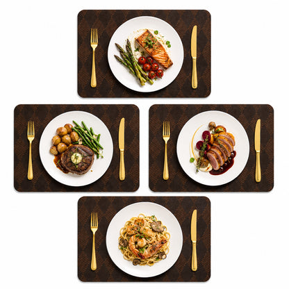 Set of four brown argyle silicone placemats with plated meals and gold cutlery on a clean white background.