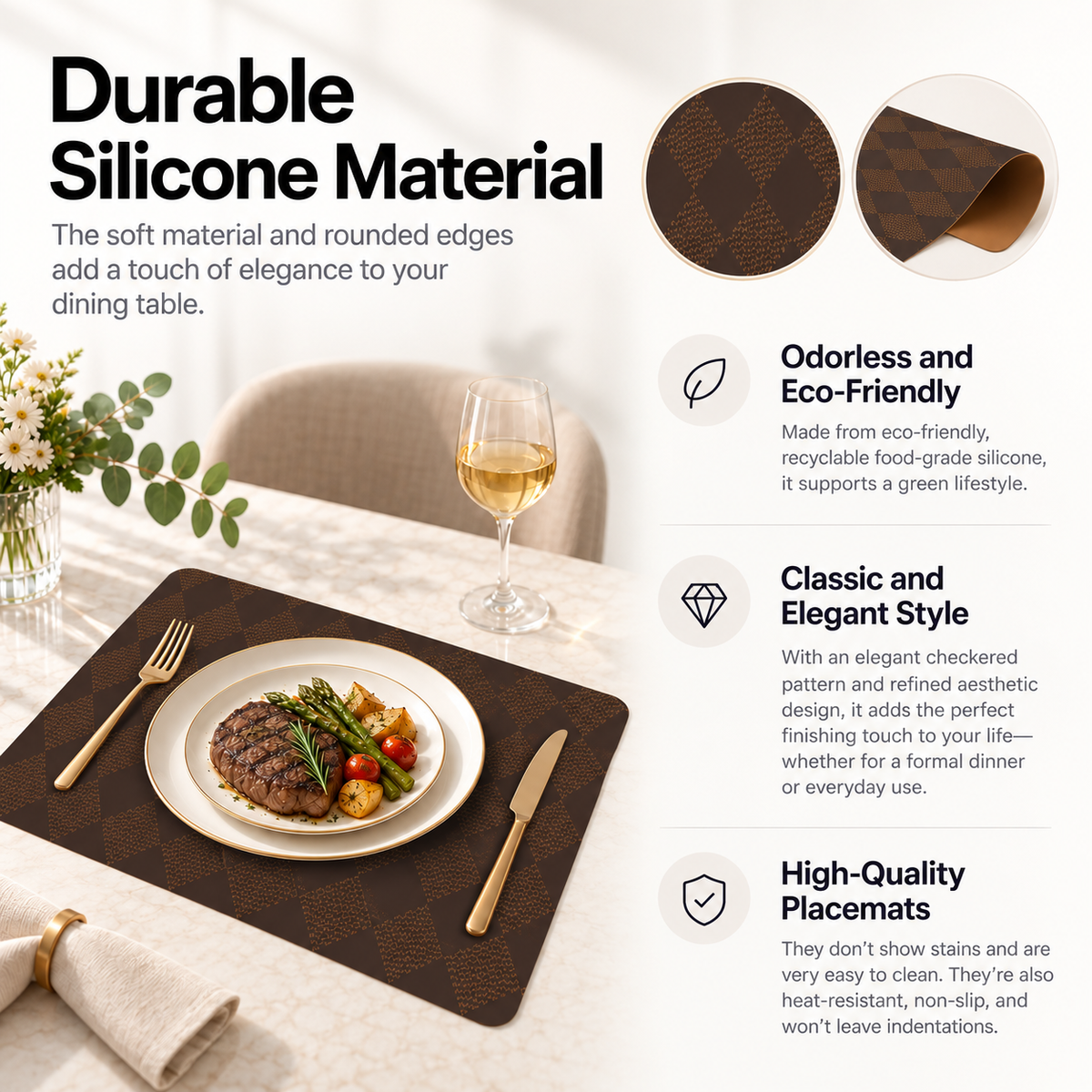 Close-up of a brown argyle silicone placemat showing flexible material, rounded edges and patterned surface.