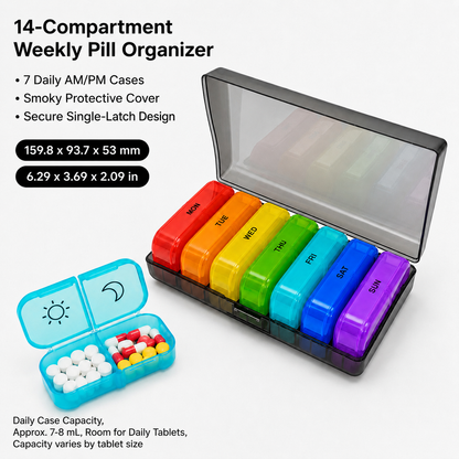UNTIOR BPA-Free Color-Coded 14-Compartment Weekly Pill Organizer with Removable AM/PM Daily Cases