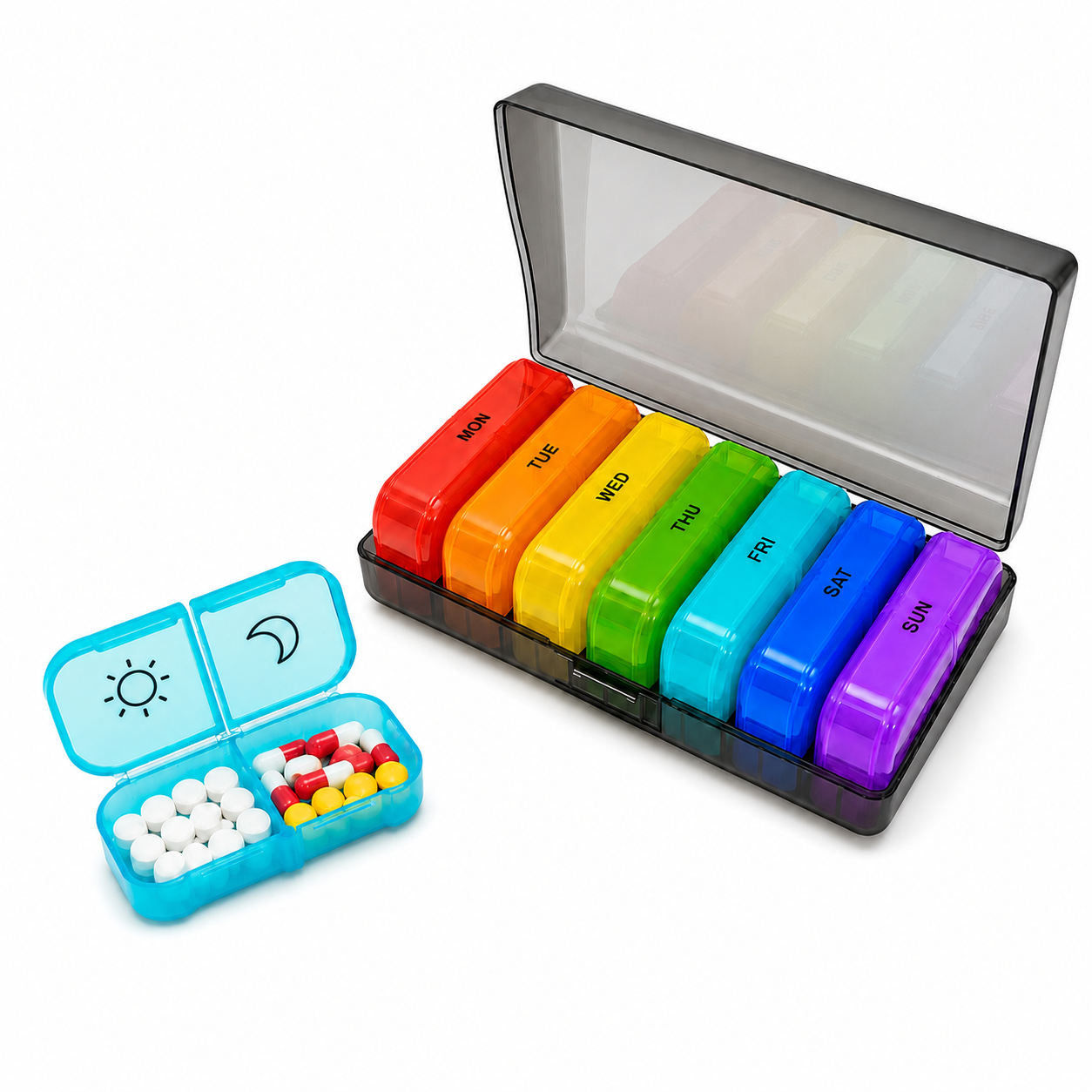 UNTIOR BPA-Free Color-Coded 14-Compartment Weekly Pill Organizer with Removable AM/PM Daily Cases