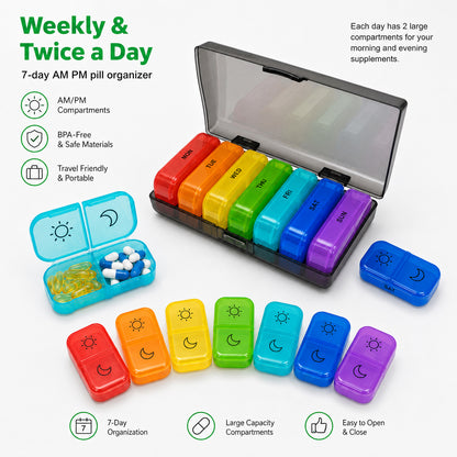 UNTIOR BPA-Free Color-Coded 14-Compartment Weekly Pill Organizer with Removable AM/PM Daily Cases