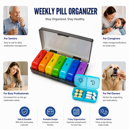 UNTIOR BPA-Free Color-Coded 14-Compartment Weekly Pill Organizer with Removable AM/PM Daily Cases