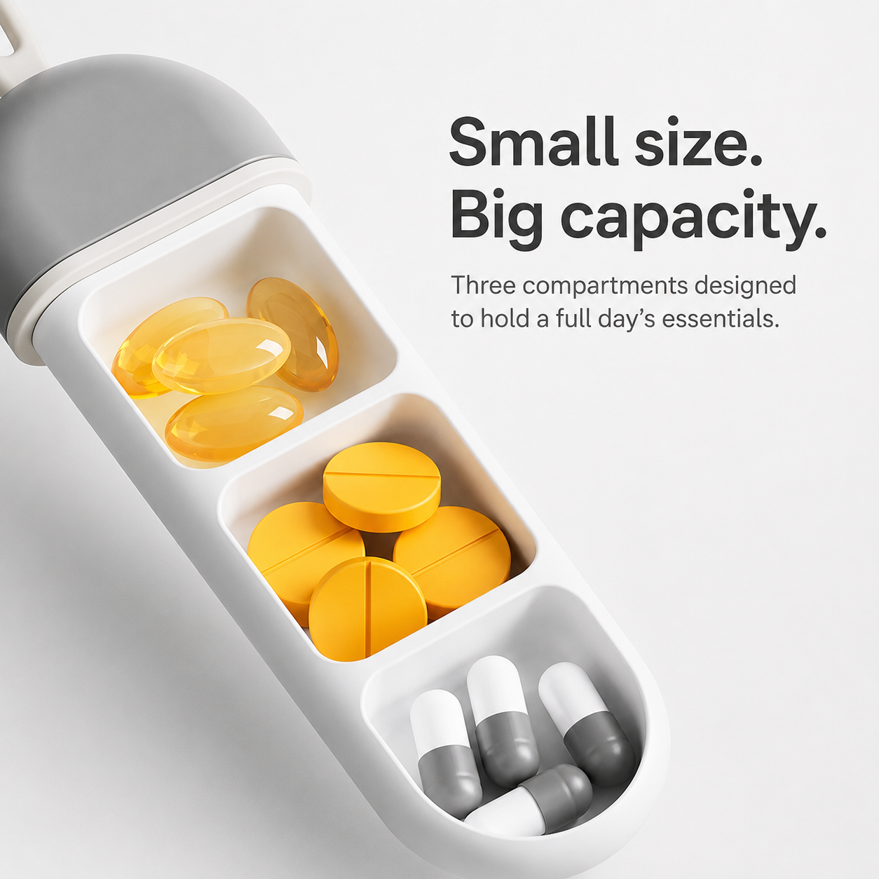 Close-up of the UNTIOR compact 3-compartment pill case showing separate storage areas for capsules, tablets, vitamins, and supplements.