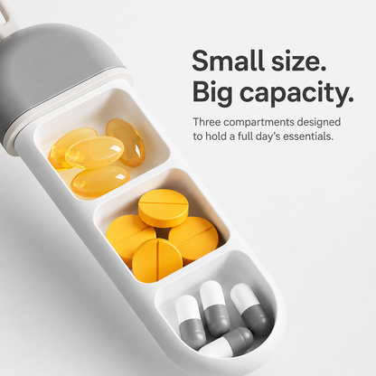 Close-up of the UNTIOR compact 3-compartment pill case showing separate storage areas for capsules, tablets, vitamins, and supplements.