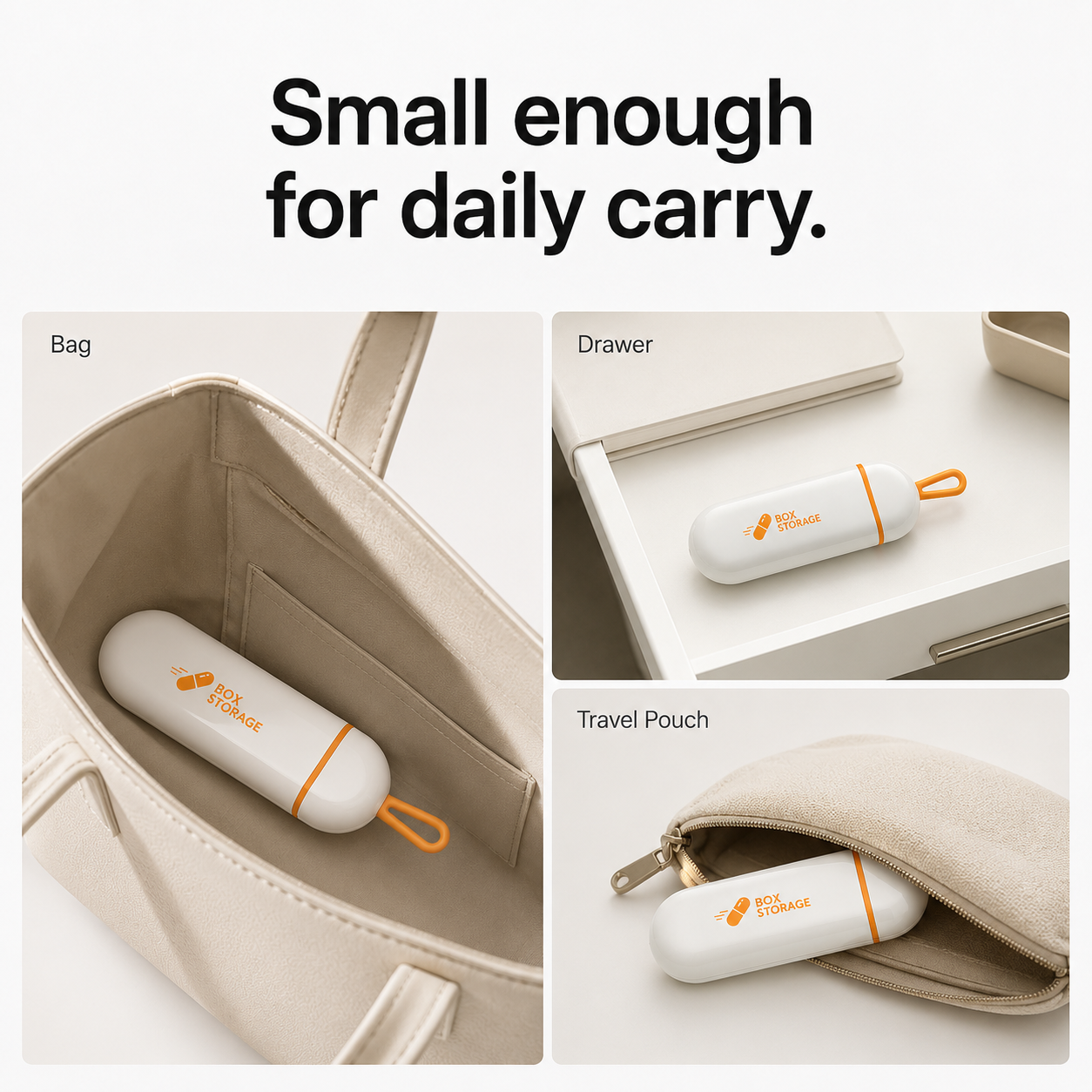 UNTIOR compact pull-out pill case shown in a bag, drawer, and travel pouch for daily tablet, vitamin, and supplement storage.