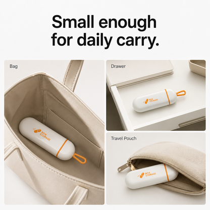 UNTIOR compact pull-out pill case shown in a bag, drawer, and travel pouch for daily tablet, vitamin, and supplement storage.