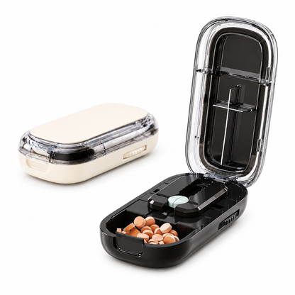 UNTIOR cream white quarter pill cutter with storage, BPA-free tablet splitter designed to help divide suitable tablets into four sections, with clear lid and built-in pill storage.