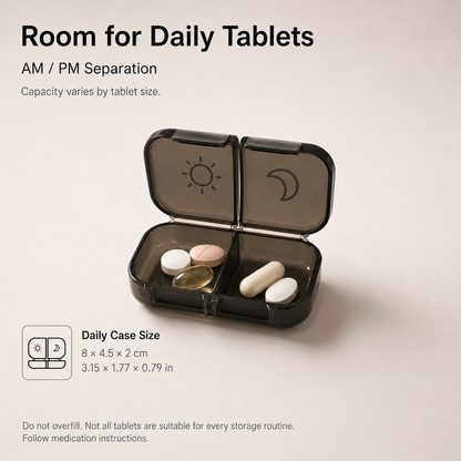 Open UNTIOR daily AM/PM pill case showing two compartments for daily tablet storage, with capacity depending on tablet size.