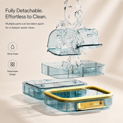 UNTIOR detachable pill organizer shown with removable components for easier rinsing and thorough everyday cleaning.