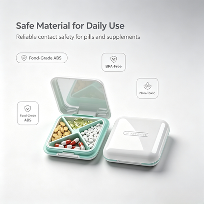 UNTIOR mint green portable pill container made of food-grade BPA-free non-toxic ABS material, safe direct contact with pills and capsules