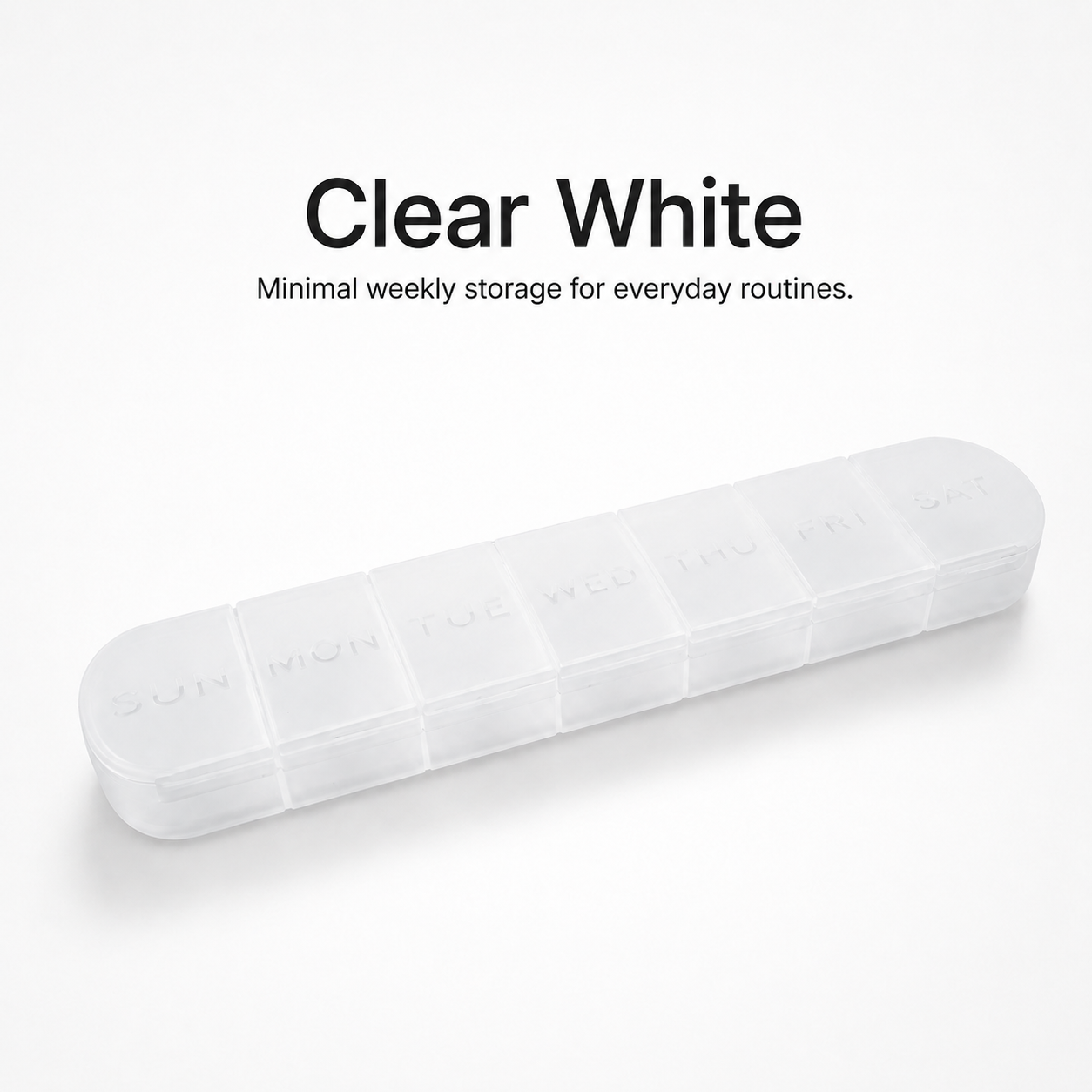 UNTIOR frosted white slim 7-day weekly pill organizer with SUN–SAT daily compartments, BPA-free compact pill case design, and lightweight storage for daily tablets, vitamins, and supplements.