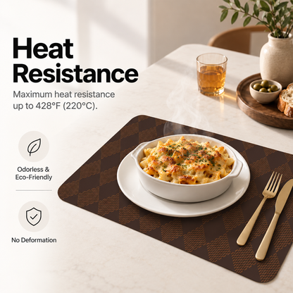 Brown silicone placemat under a hot casserole dish with heat resistance shown up to 220°C or 428°F.