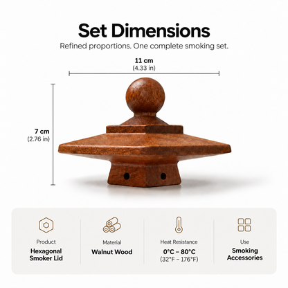 UNTIOR hexagonal whiskey smoker lid size guide showing 11 cm width and 7 cm height with walnut wood construction.