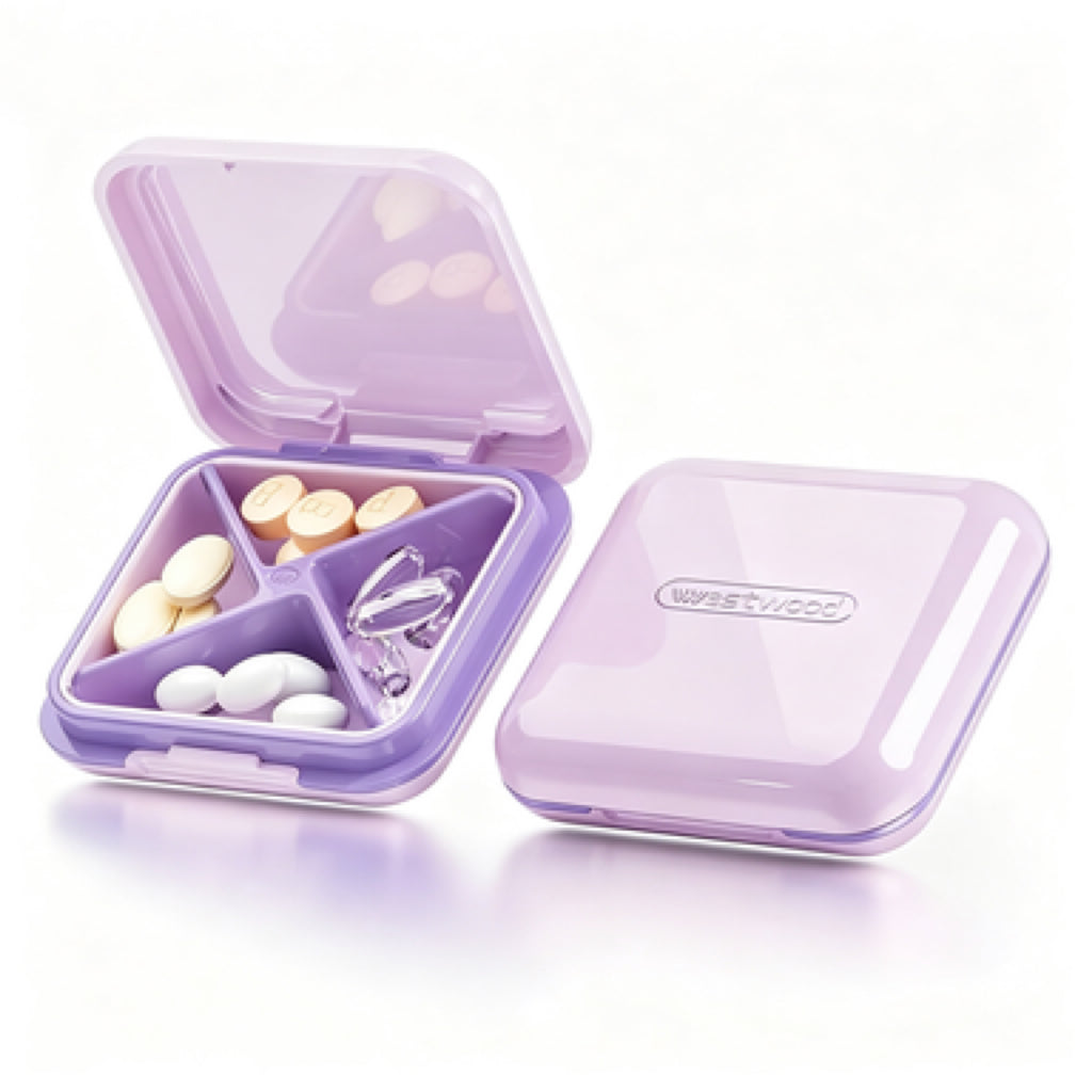 Opened UNTIOR light purple compact pill box with separate compartments for fish oil, tablets and daily supplement storage