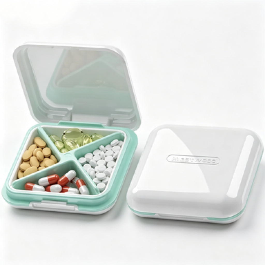 UNTIOR mint white portable pill container open lid shot, 4-grid divided storage for mixed pills and daily health supplements