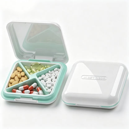 UNTIOR mint white portable pill container open lid shot, 4-grid divided storage for mixed pills and daily health supplements