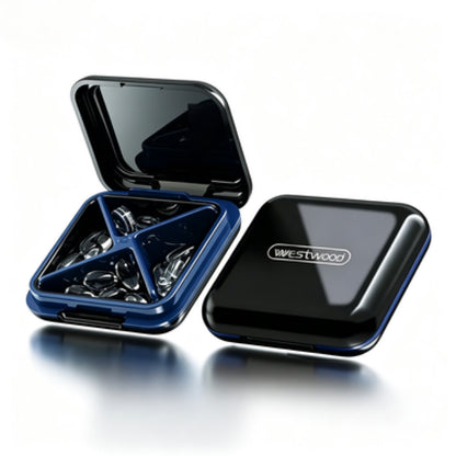 Two-tone navy pink UNTIOR travel pill organizer opened, multi-compartment design for sorting different medication types