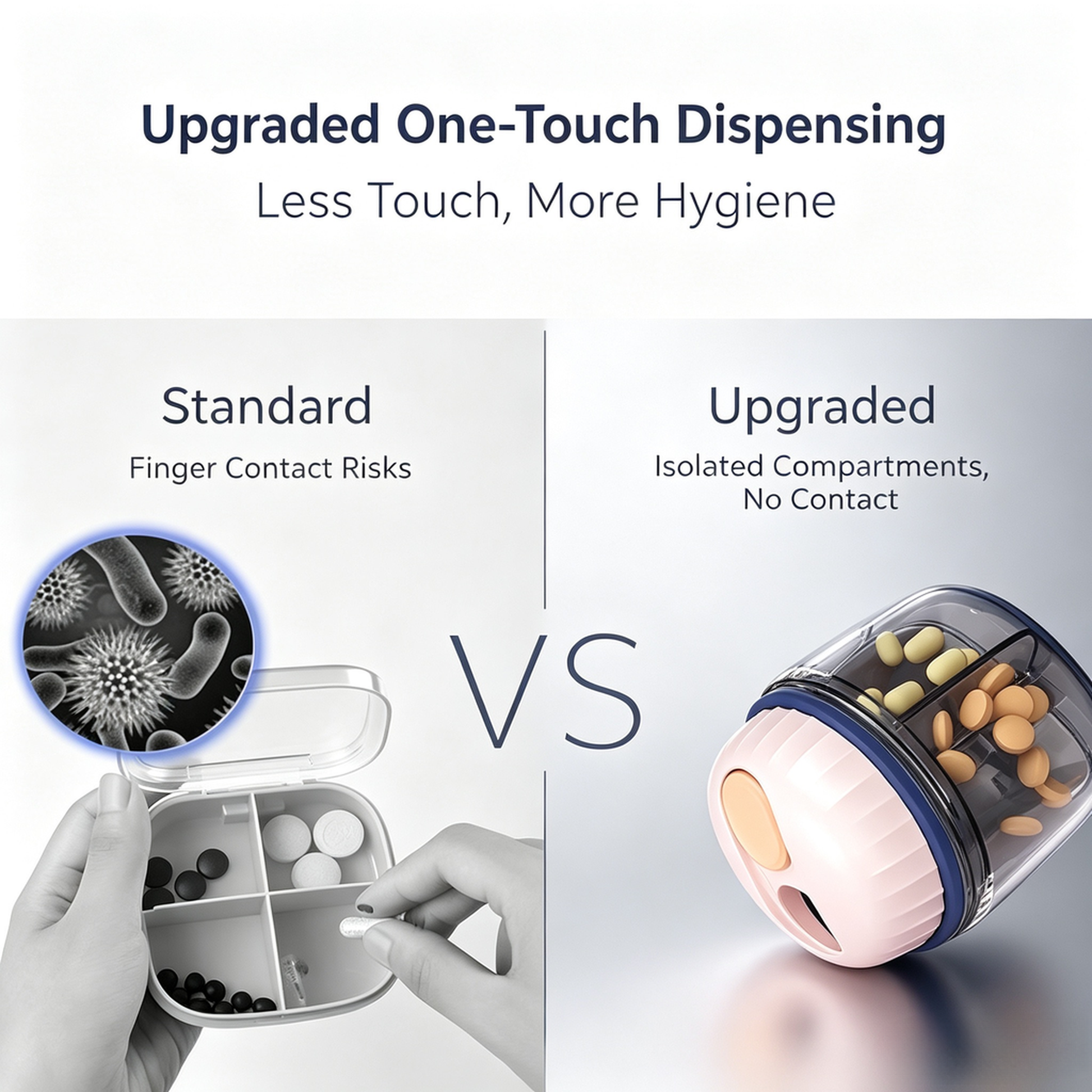 Upgraded UNTIOR one-touch pill dispenser, isolated compartments no hand contact for better hygiene