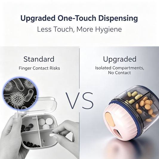 Upgraded UNTIOR one-touch pill dispenser, isolated compartments no hand contact for better hygiene