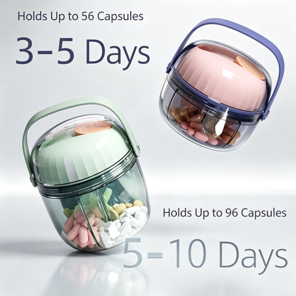 UNTIOR pill case: small holds 56 capsules for 3-5 days, large holds 96 for 5-10 days travel