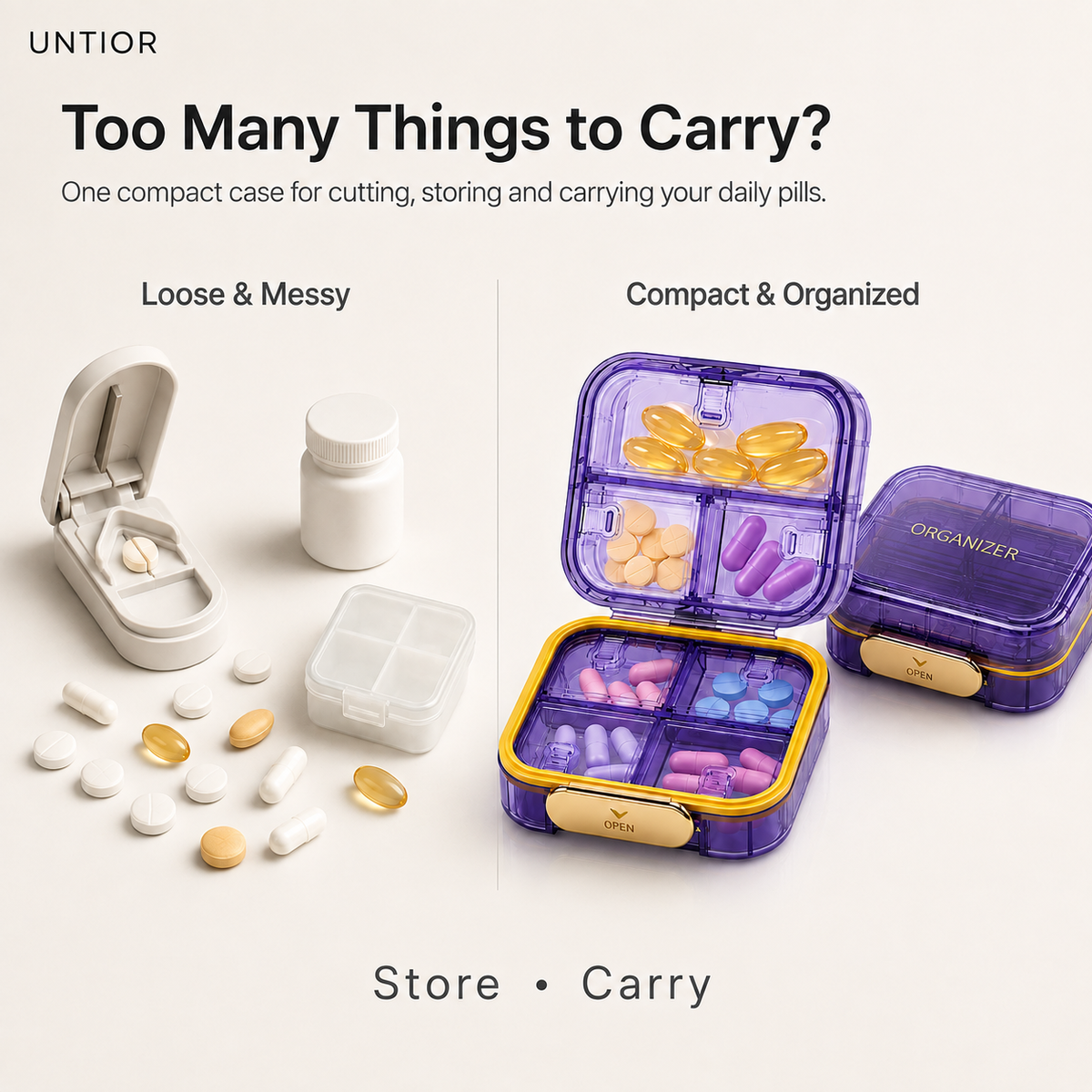 UNTIOR compact pill organizer keeps daily pills neatly separated and stored in one portable case for easier everyday carrying.
