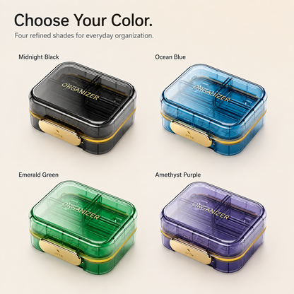 UNTIOR pill organizer available in Midnight Black, Ocean Blue, Emerald Green and Amethyst Purple with gold closure accents.