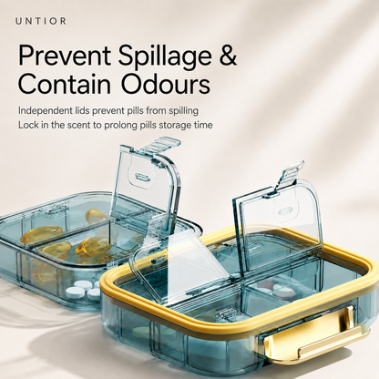 UNTIOR pill organizer with individually opening compartment lids to keep different pills separated, organized and easy to access.