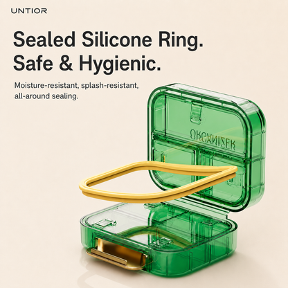 UNTIOR green pill organizer with removable silicone sealing ring designed for moisture-resistant, splash-resistant storage.