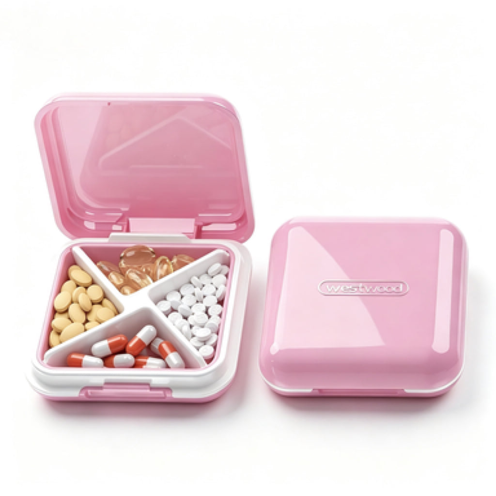 Open UNTIOR pink portable pill organizer with 4 divided grids, holds assorted daily vitamins, capsules and tablets for travel