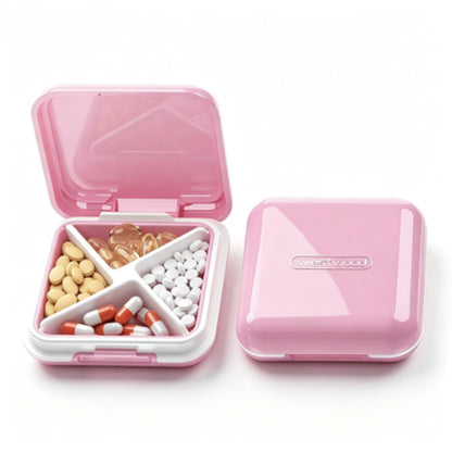 Open UNTIOR pink portable pill organizer with 4 divided grids, holds assorted daily vitamins, capsules and tablets for travel