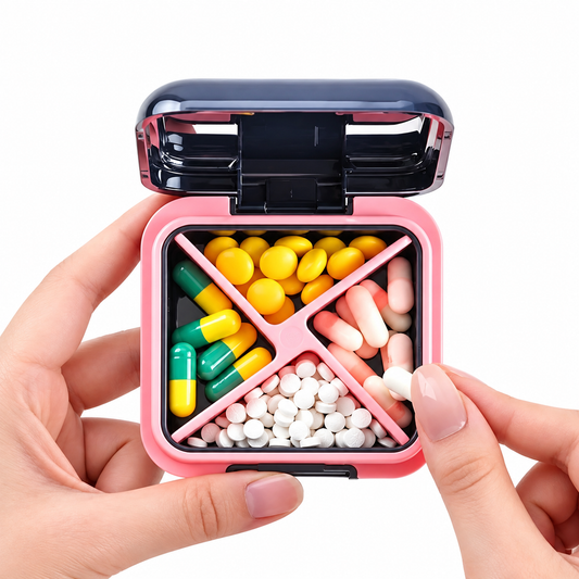 UNTior pink 4-compartment portable pill organizer held in hand on a white background